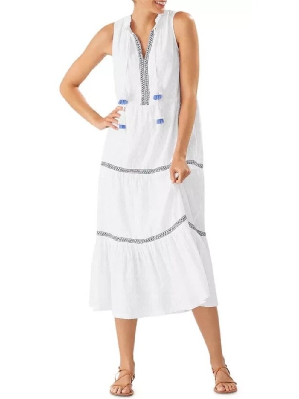 Tommy Bahama Women's Sz Small Sleeveless Maxi Dress With Blue Embroidery